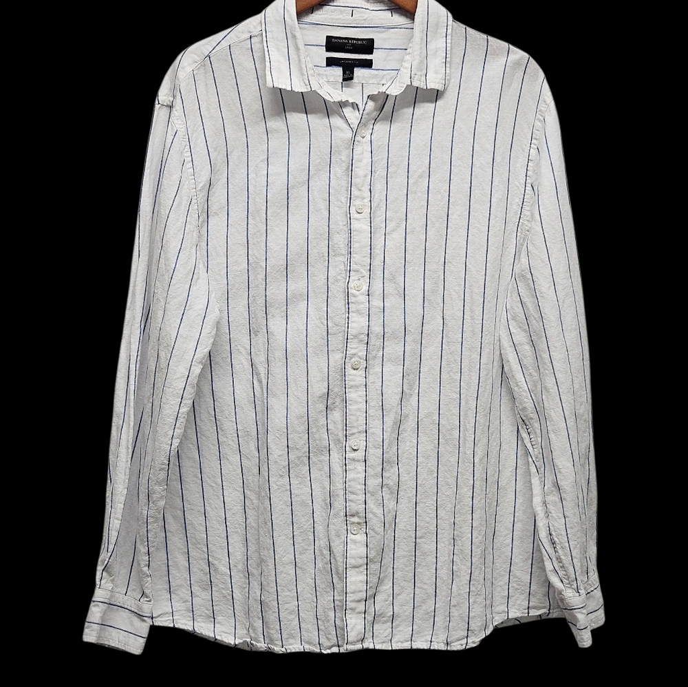Banana Republic Linen Button Up Long Sleeve Shirt XL Striped Untucked Fit Preppy